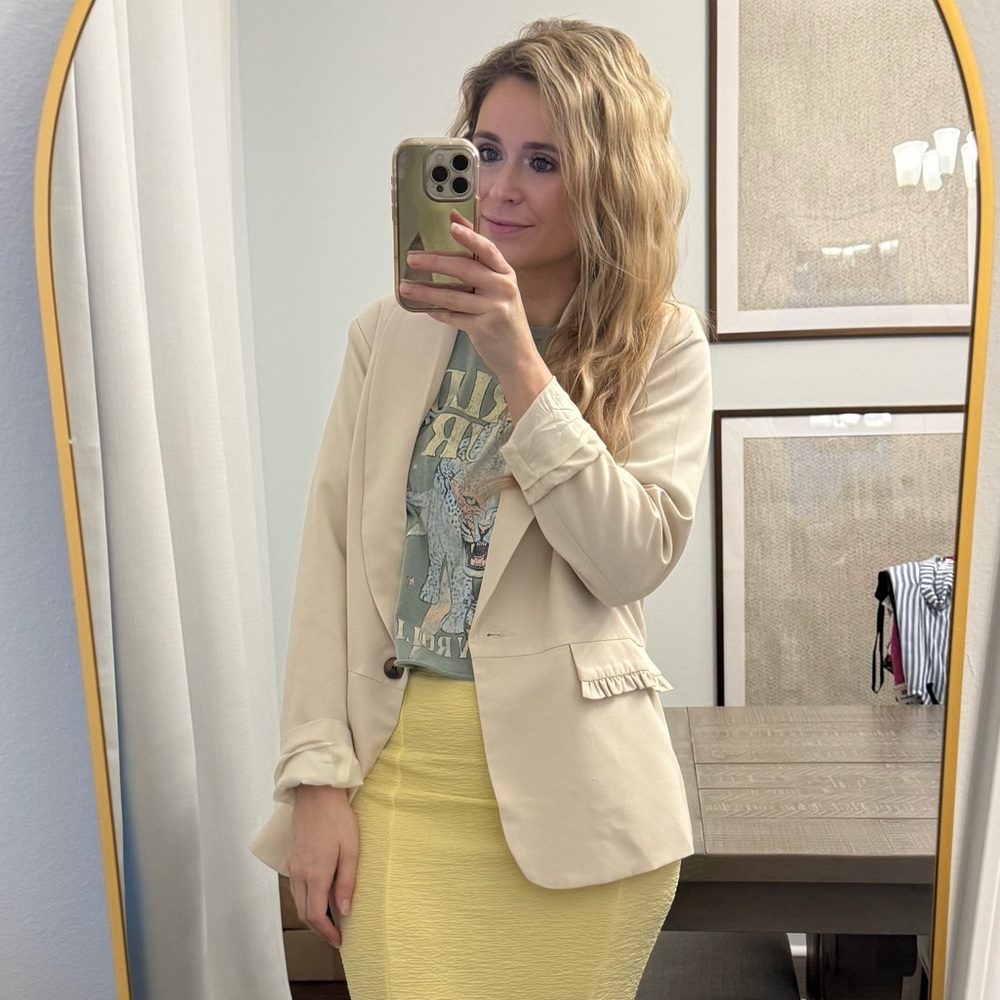 Cream Blazer with Single Button Girly Ruffle Pocket Suit Coat